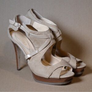 Guess Strappy Stiletto Sandals Womens 9.5 M Desta Cut Out Heels Brown Faux Suede